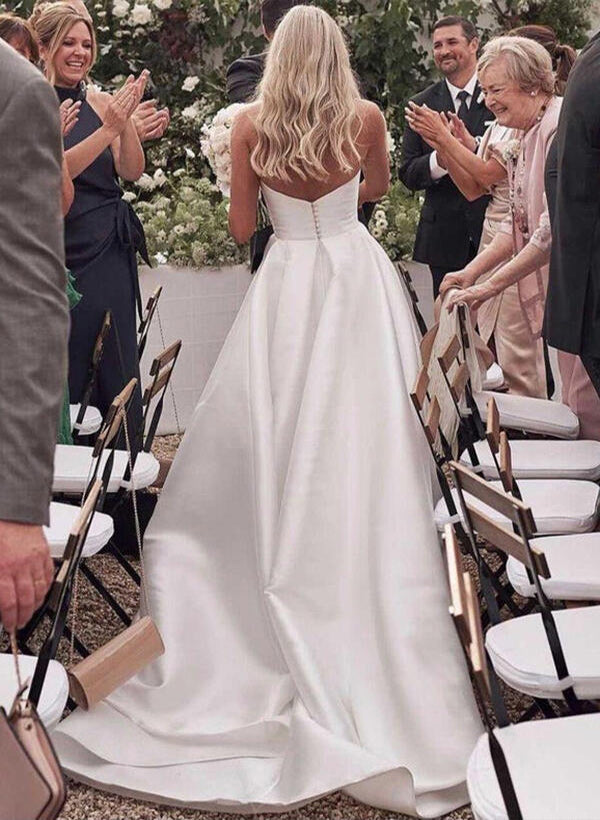 Elegant Sweetheart Satin Sweep Train Wedding Dresses Split Front-Showprettydress