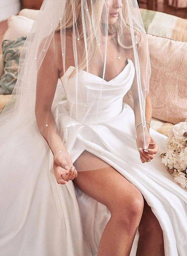 Elegant Sweetheart Satin Sweep Train Wedding Dresses Split Front-Showprettydress