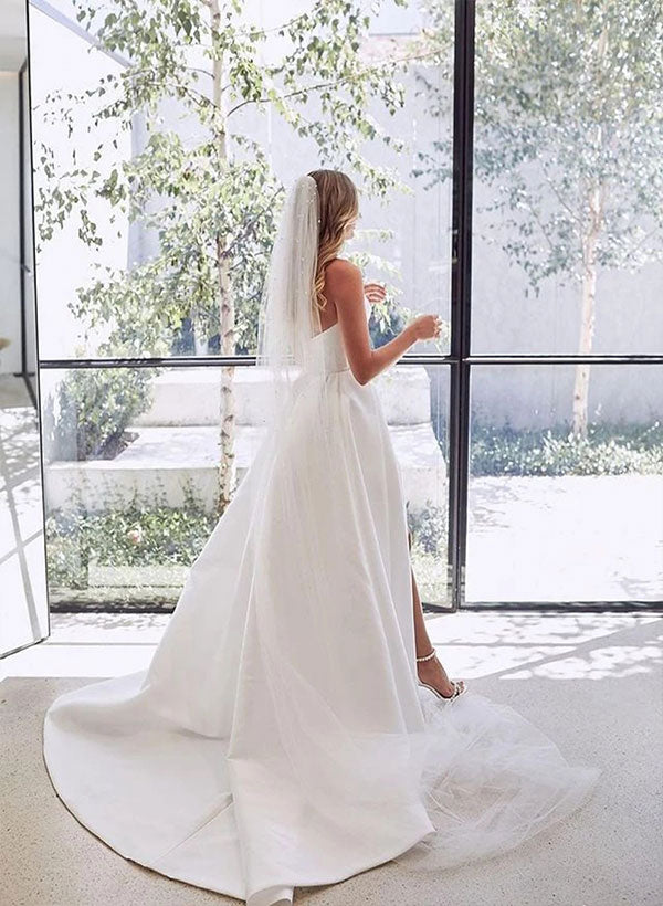 Elegant Sweetheart Satin Sweep Train Wedding Dresses Split Front-Showprettydress