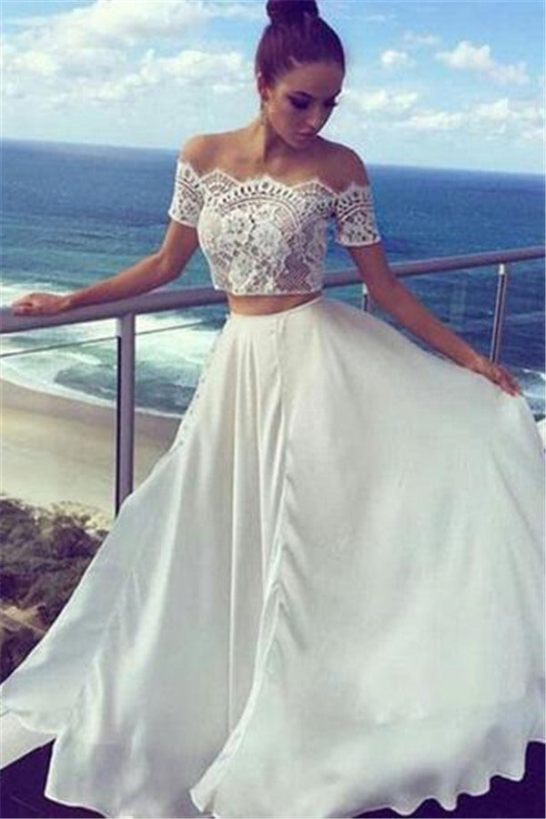 Elegant Two Pieces Lace Prom Party GownsChiffon Short Sleeve Evening Dress-showprettydress