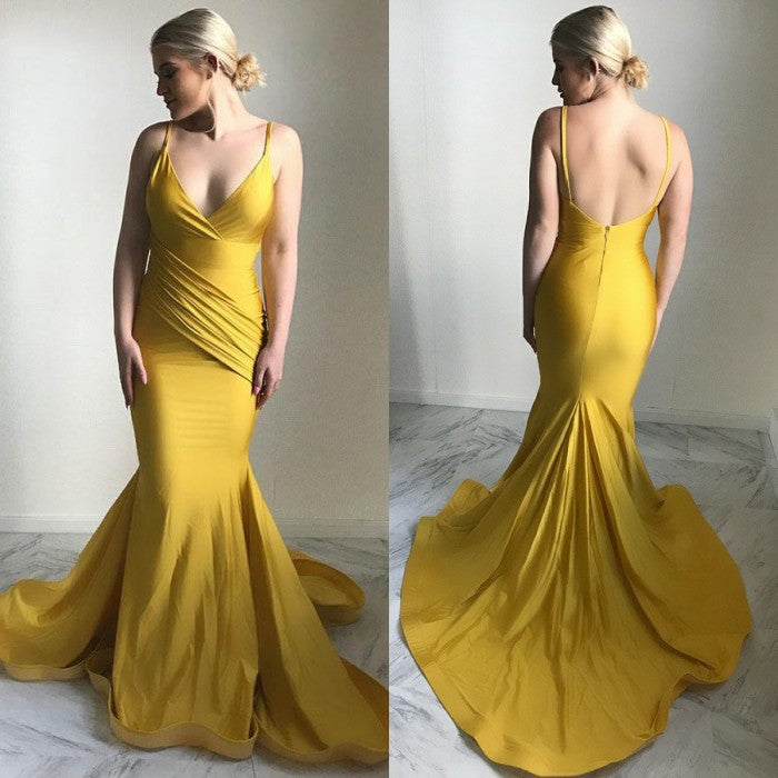 Elegant V-Neck Evening Dress New Arrival Mermaid Yellow Prom Party Gowns-showprettydress