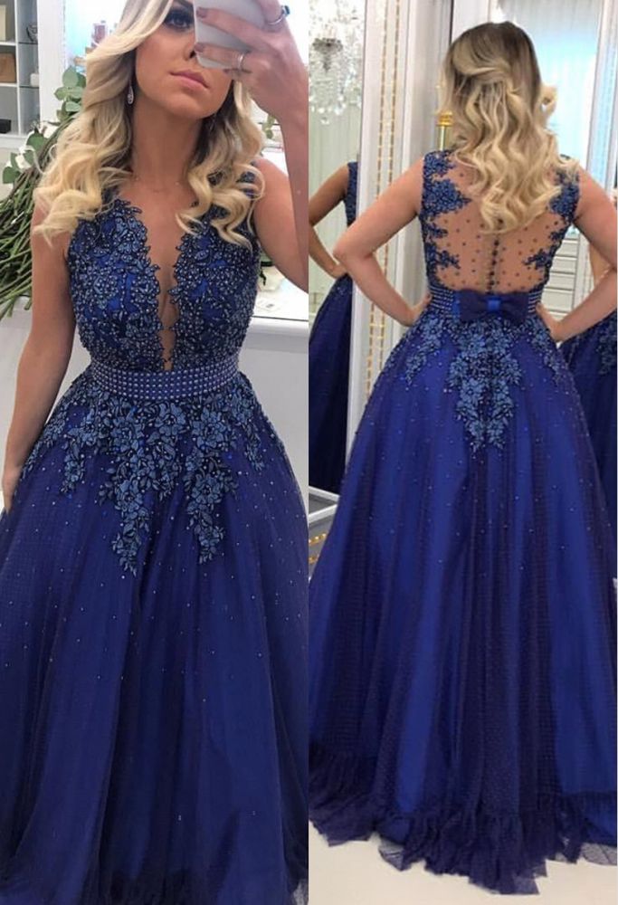 Elegant V-neck Lace Appliques Sleeveless Prom Dresses With Bowknot Beads Waistband Royal Blue Floor Length Beading Evening Gowns-showprettydress