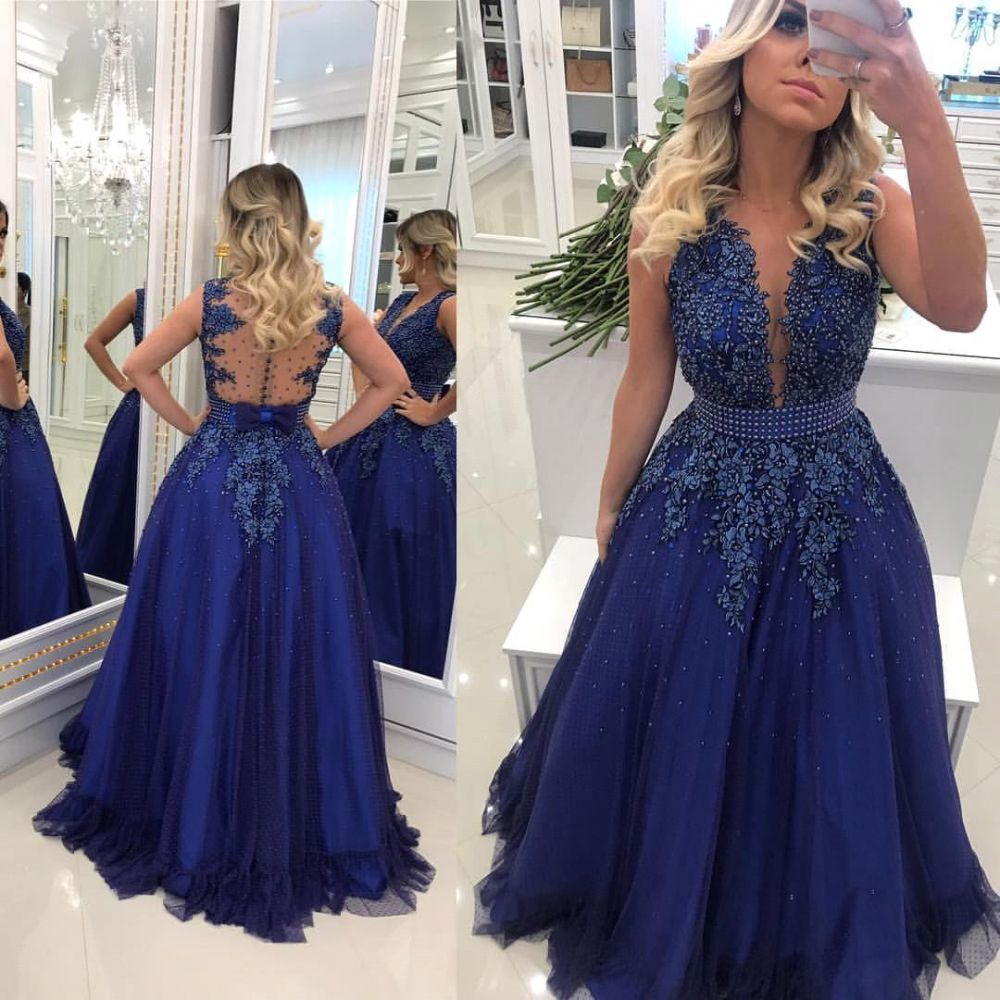 Elegant V-neck Lace Appliques Sleeveless Prom Dresses With Bowknot Beads Waistband Royal Blue Floor Length Beading Evening Gowns-showprettydress