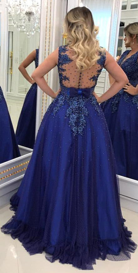 Elegant V-neck Lace Appliques Sleeveless Prom Dresses With Bowknot Beads Waistband Royal Blue Floor Length Beading Evening Gowns-showprettydress