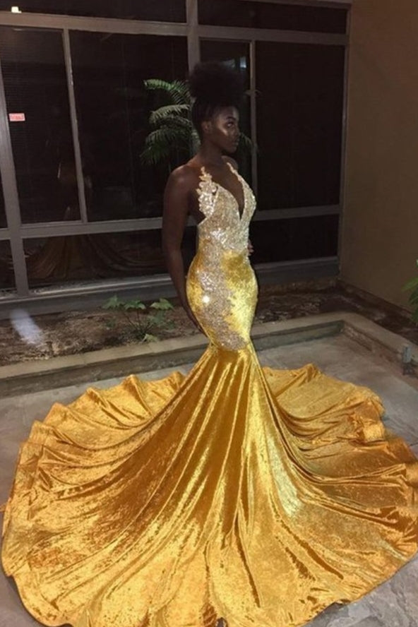 Elegant V-Neck Sleeveless Mermaid Appliques Yellow Prom Party Gowns-showprettydress