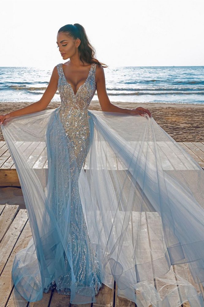 Elegant V-Neck Slim Prom Party Gowns with Detachable Train Mermaid Evening Dress-showprettydress