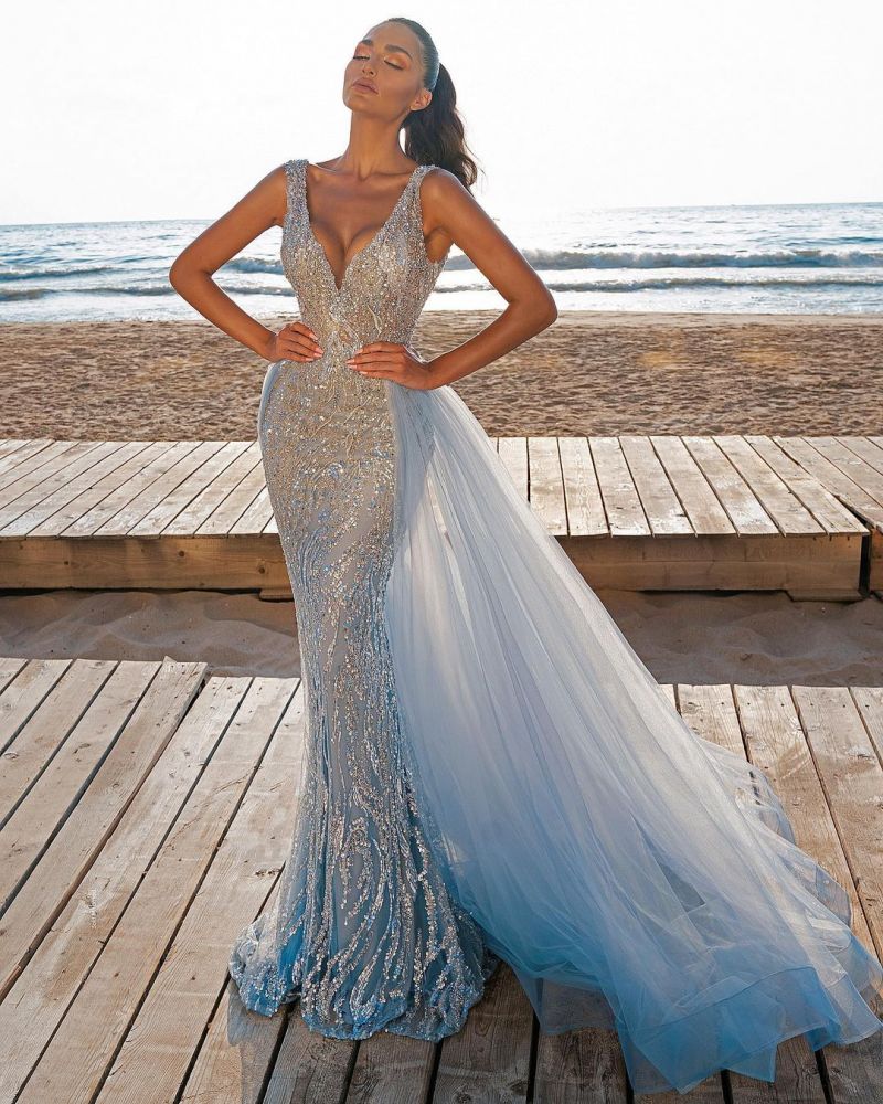 Elegant V-Neck Slim Prom Party Gowns with Detachable Train Mermaid Evening Dress-showprettydress