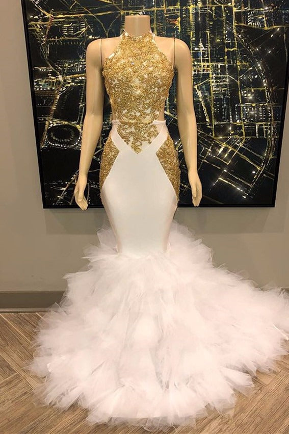 Elegant White And Gold Mermaid Prom Dress Sequins High Collar Chiffon Elegant White And Gold Mermaid Prom Dress Sequins High Collar Chiffon