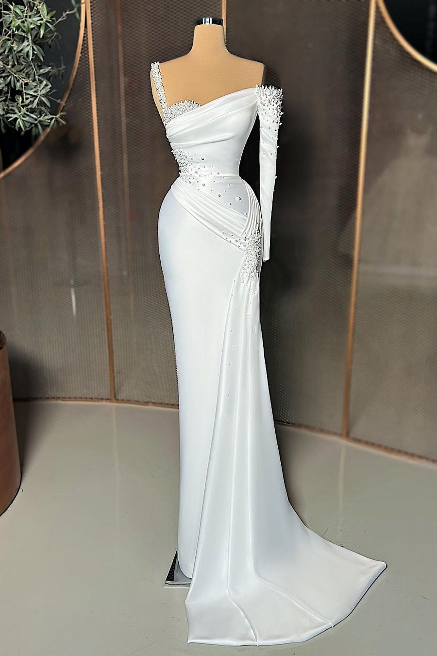 Elegant White Long Mermaid Satin One-Shoulder Prom Dress With Sleeves-showprettydress