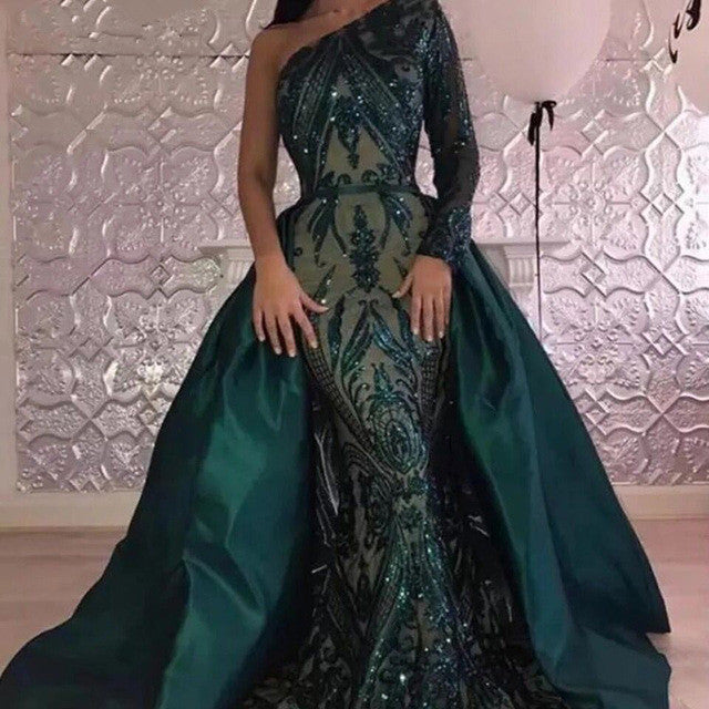 Emerald green Long Sleevess Mermaid One Shoulder Sequins Evening Dresses with Overskirt-showprettydress