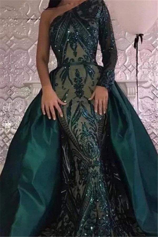 Emerald green Long Sleevess Mermaid One Shoulder Sequins Evening Dresses with Overskirt-showprettydress