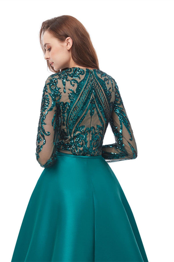 Emerald Green Long Sleevess Mermaid Prom Party Gowns with detachable Train-showprettydress