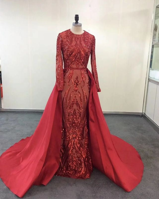 Emerald Green Long Sleevess Mermaid Prom Party Gowns with detachable Train-showprettydress