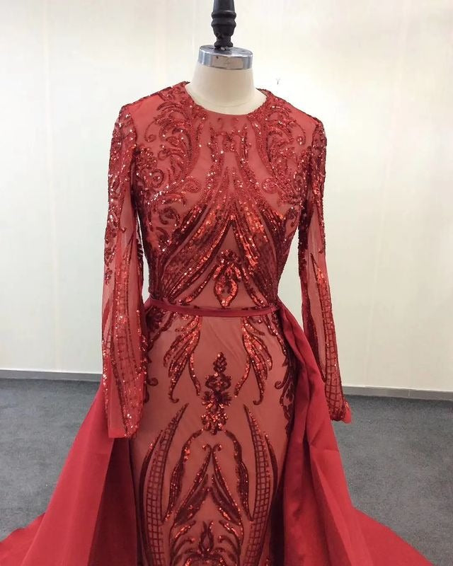 Emerald Green Long Sleevess Mermaid Prom Party Gowns with detachable Train-showprettydress