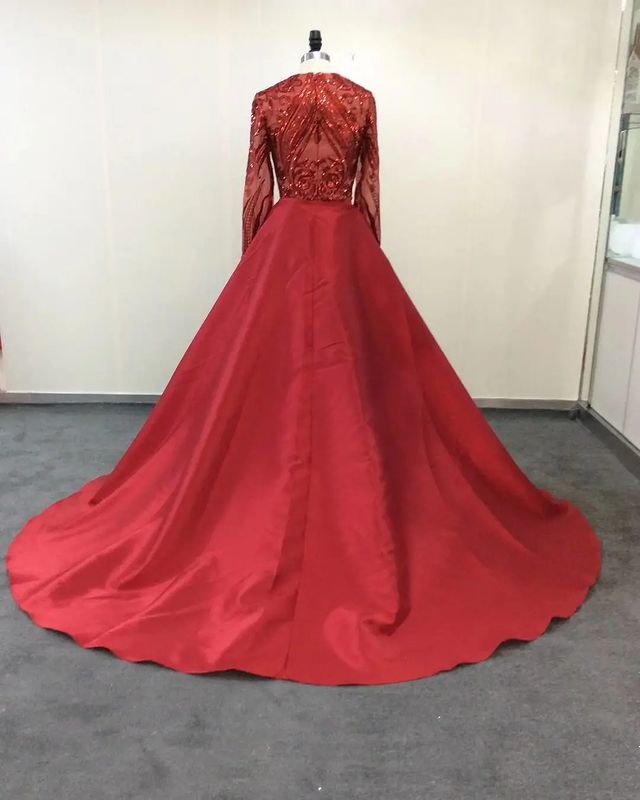 Emerald Green Long Sleevess Mermaid Prom Party Gowns with detachable Train-showprettydress