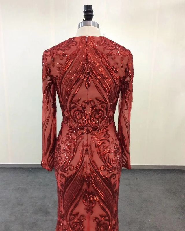 Emerald Green Long Sleevess Mermaid Prom Party Gowns with detachable Train-showprettydress