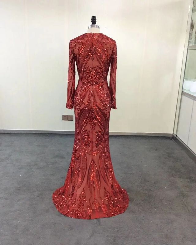 Emerald Green Long Sleevess Mermaid Prom Party Gowns with detachable Train-showprettydress