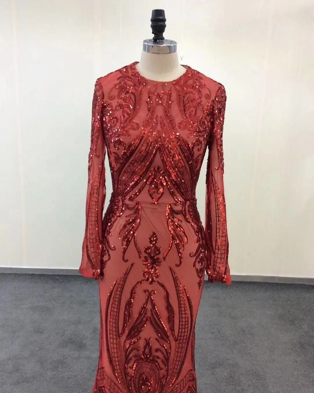 Emerald Green Long Sleevess Mermaid Prom Party Gowns with detachable Train-showprettydress