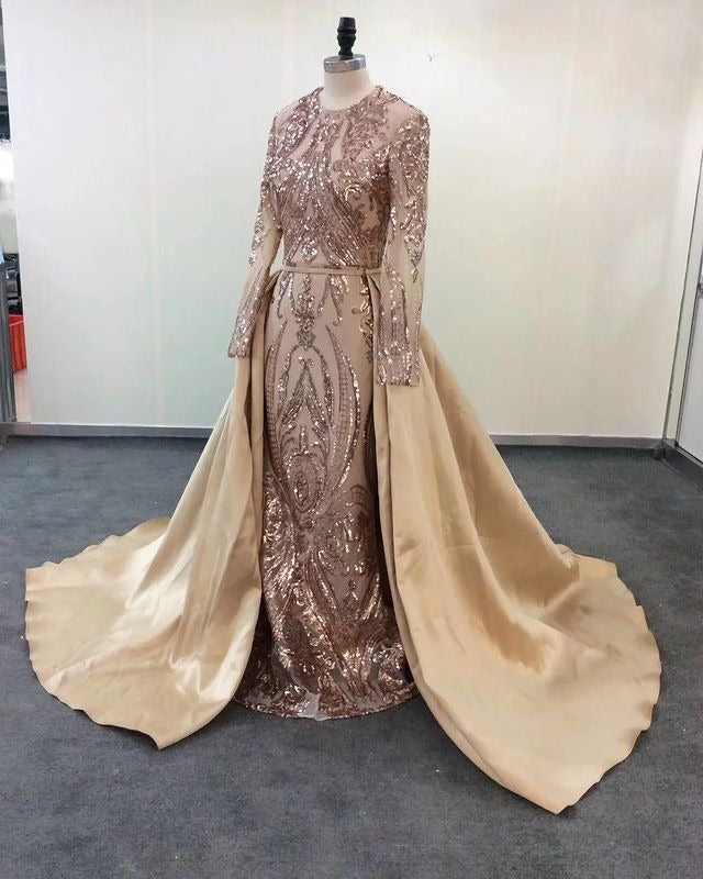 Emerald Green Long Sleevess Mermaid Prom Party Gowns with detachable Train-showprettydress