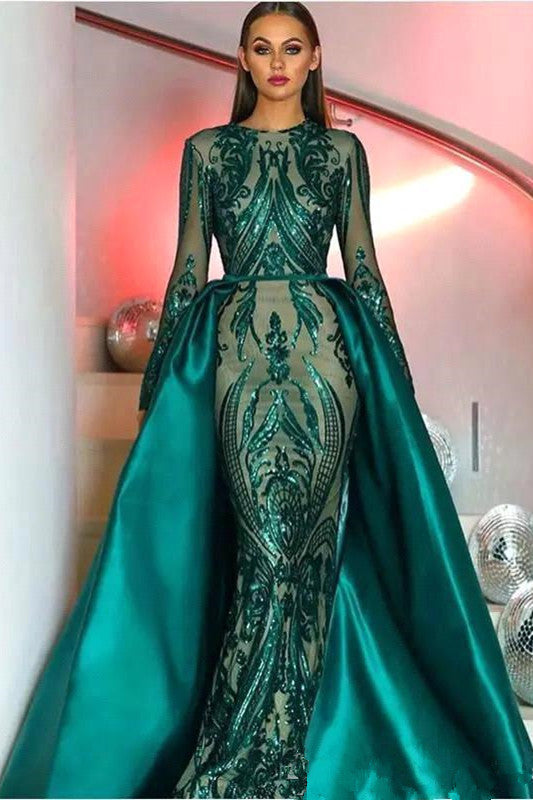 Emerald Green Long Sleevess Mermaid Prom Party Gowns with detachable Train-showprettydress