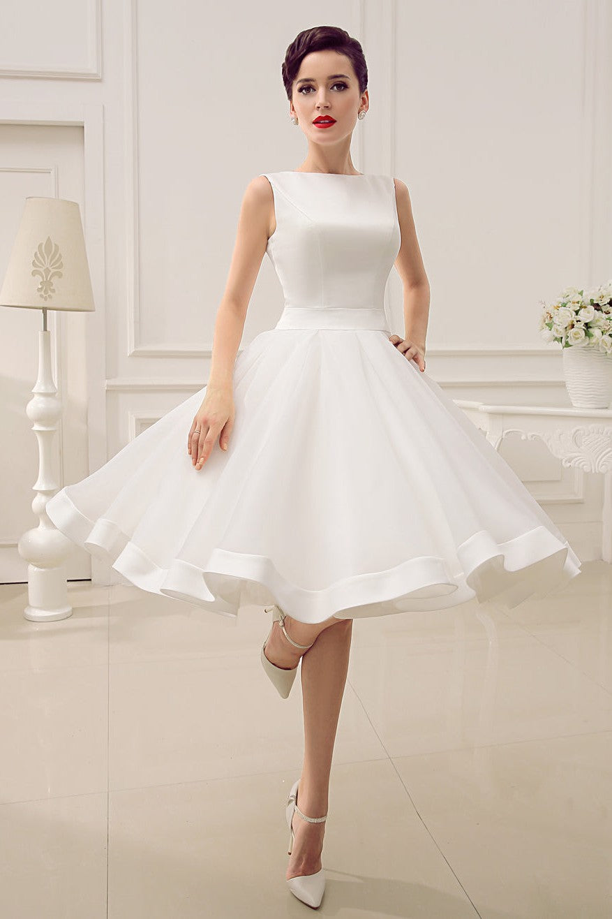Exclusive Short Wedding Dress Retro Bridal Dress Bateau Sleeveless Reception Bridal Gown-Showprettydress