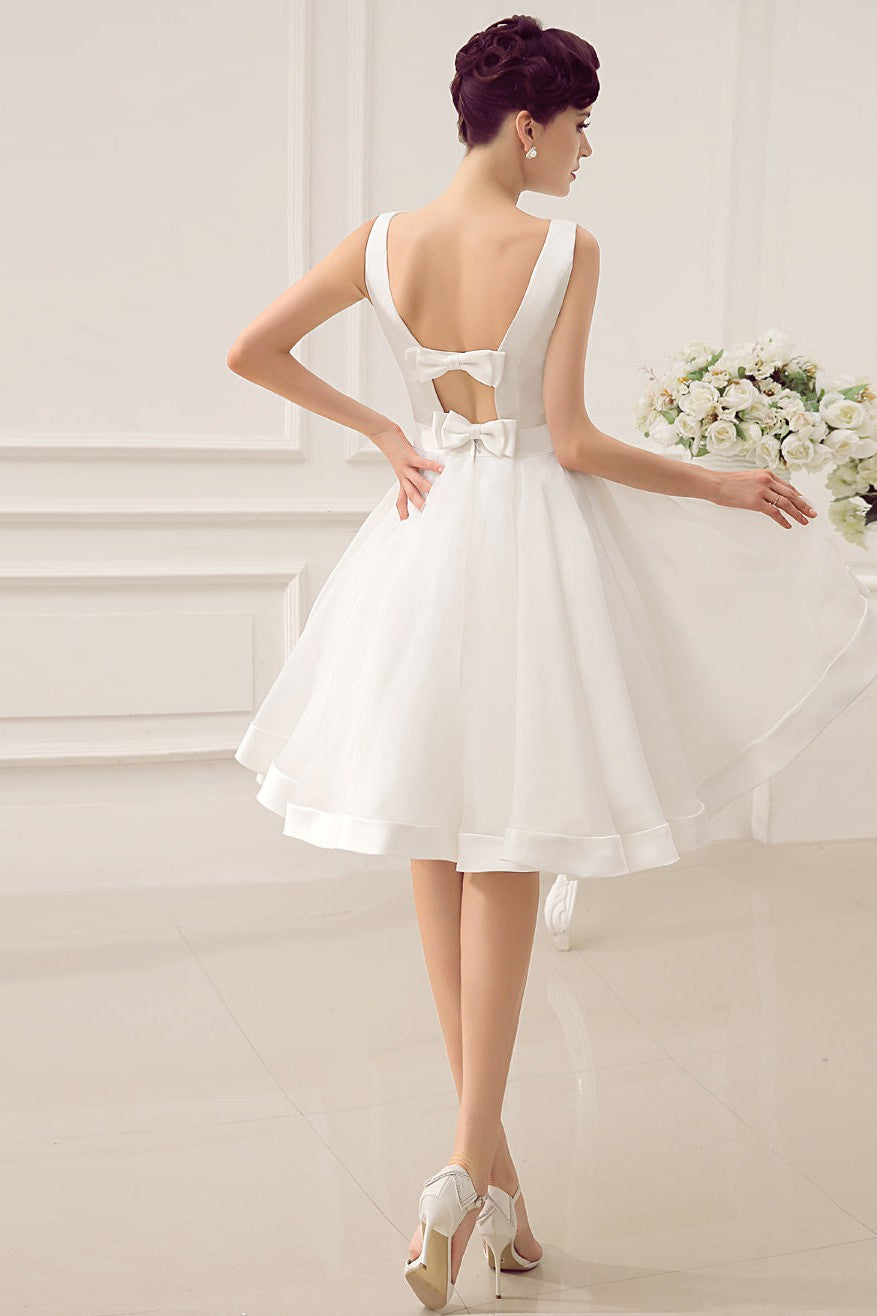 Exclusive Short Wedding Dress Retro Bridal Dress Bateau Sleeveless Reception Bridal Gown-Showprettydress