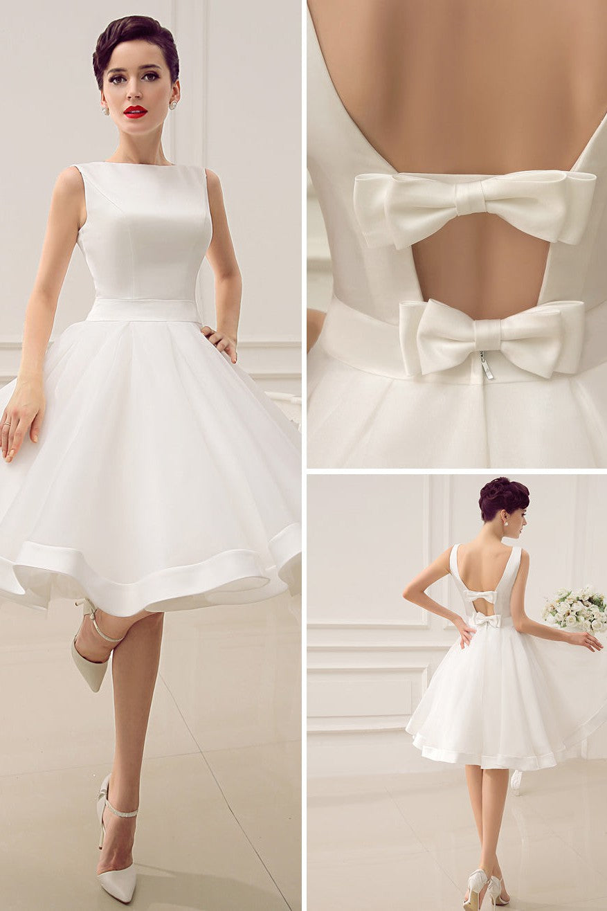 Exclusive Short Wedding Dress Retro Bridal Dress Bateau Sleeveless Reception Bridal Gown-Showprettydress