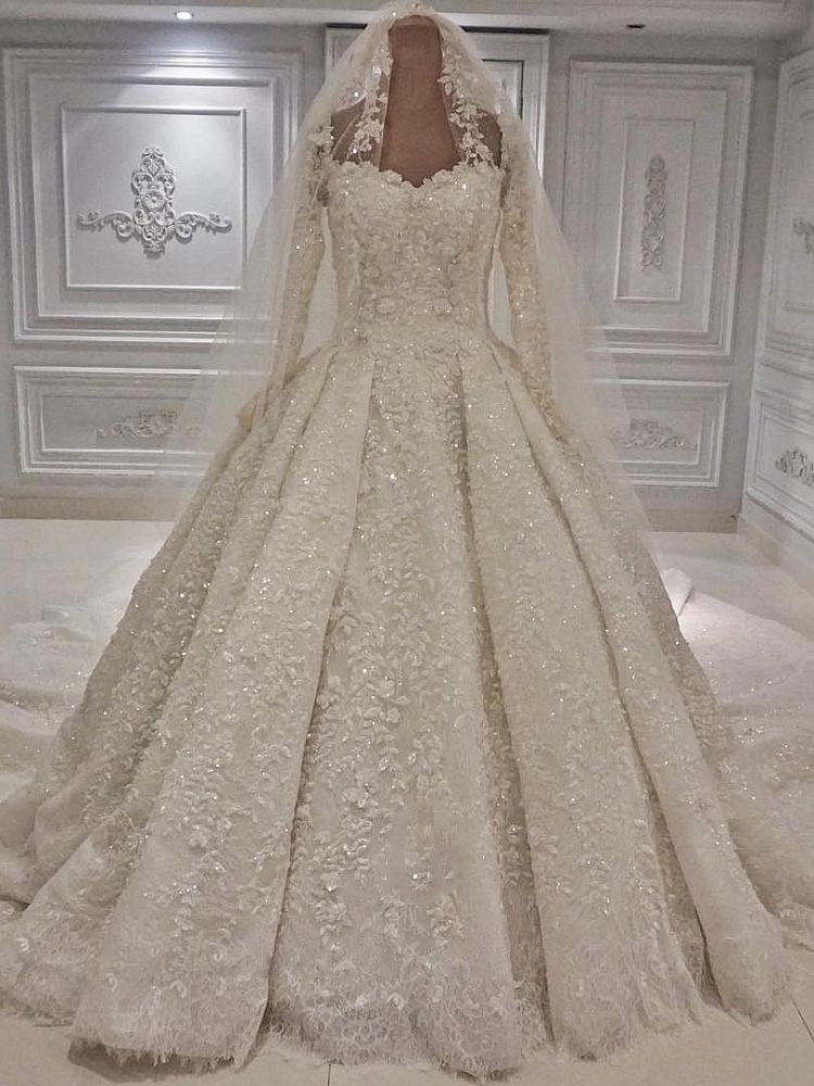 Expensive Lace Appliques Long Sleevess Ball Gown Wedding Dress-showprettydress