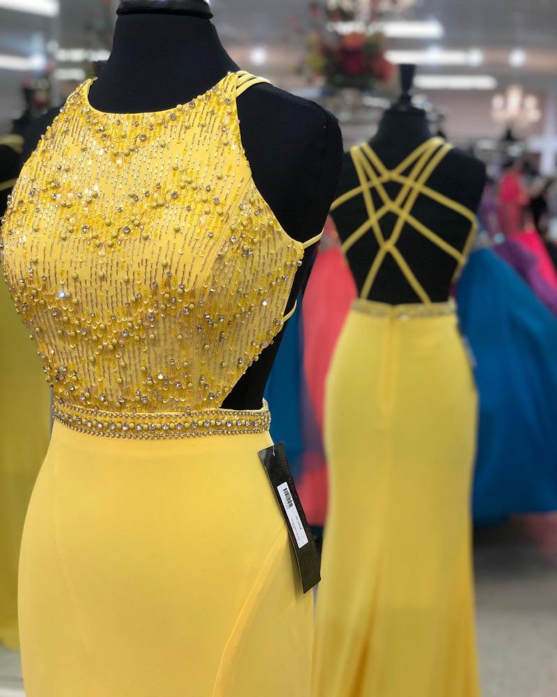 Exquisite Jewel Sleeveless Beading Prom Party Gowns Chic Front Slit Long Prom Gown-showprettydress