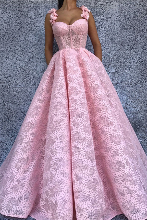 Exquisite Lace Sweetheart Pink Prom Party Gowns| Chic Flower Straps Sleeveless Long Prom Party Gowns-showprettydress