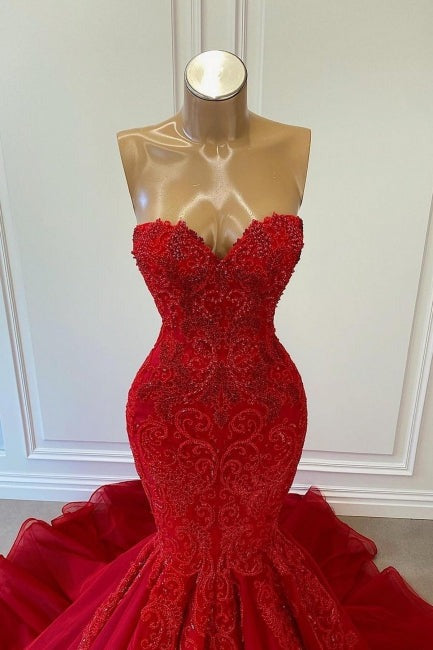 Exquisite Red Long Mermaid Sequins Sweetheart Sleeveless Formal Prom Dresses-showprettydress
