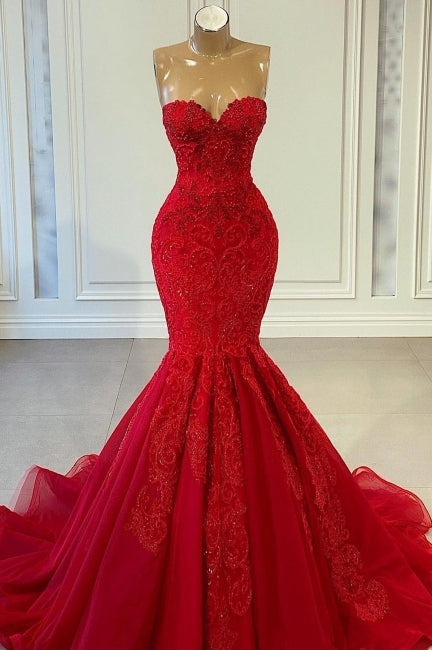 Exquisite Red Long Mermaid Sequins Sweetheart Sleeveless Formal Prom Dresses-showprettydress
