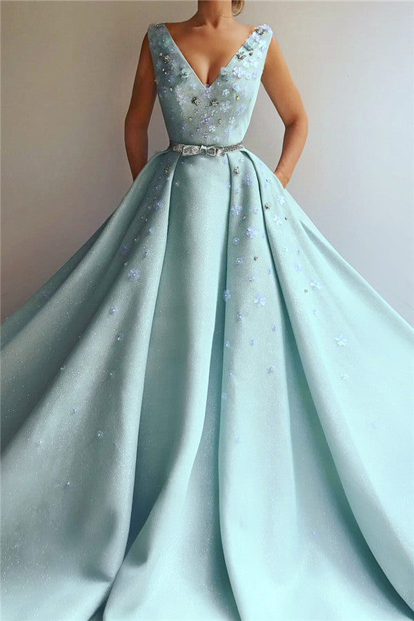 Exquisite Sequins V-neck Sleeveless Prom Party Gowns| Chic Flowers Pearls Long Prom Party Gowns with Beading Sash-showprettydress