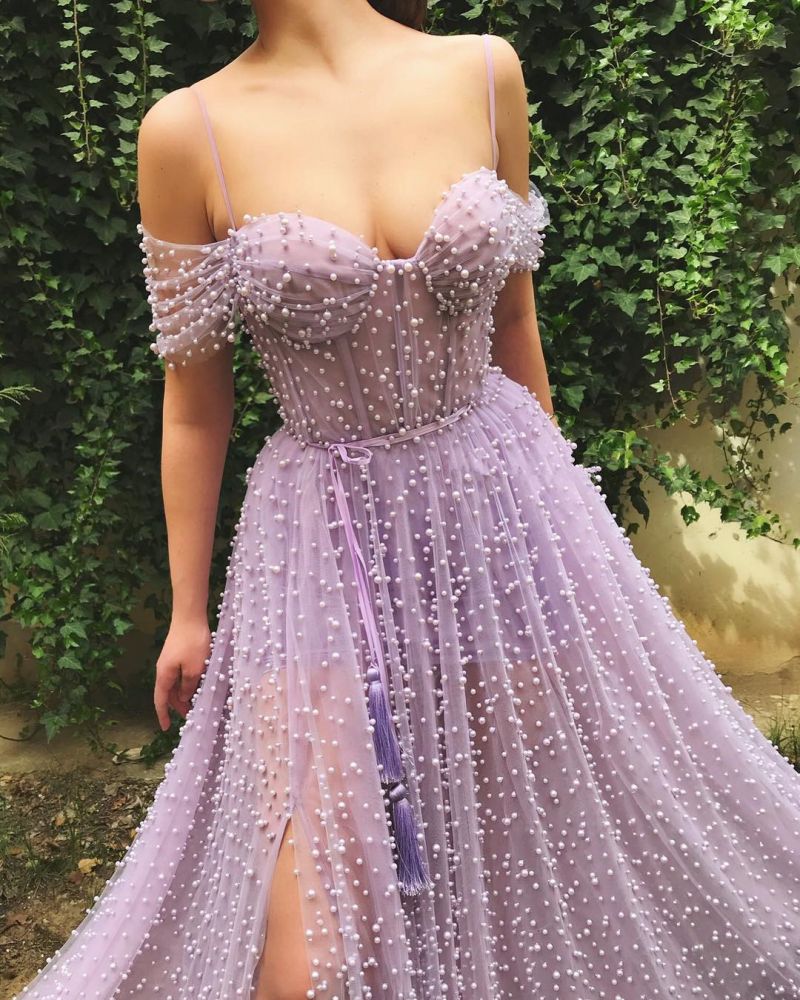 Exquisite Sweetheart Front Slit Long Affordable Tulle Pearls Off-the-Shoulder Prom Dress-showprettydress