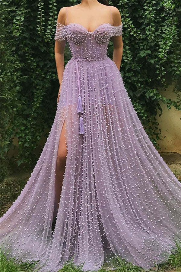 Exquisite Sweetheart Front Slit Long Affordable Tulle Pearls Off-the-Shoulder Prom Dress-showprettydress