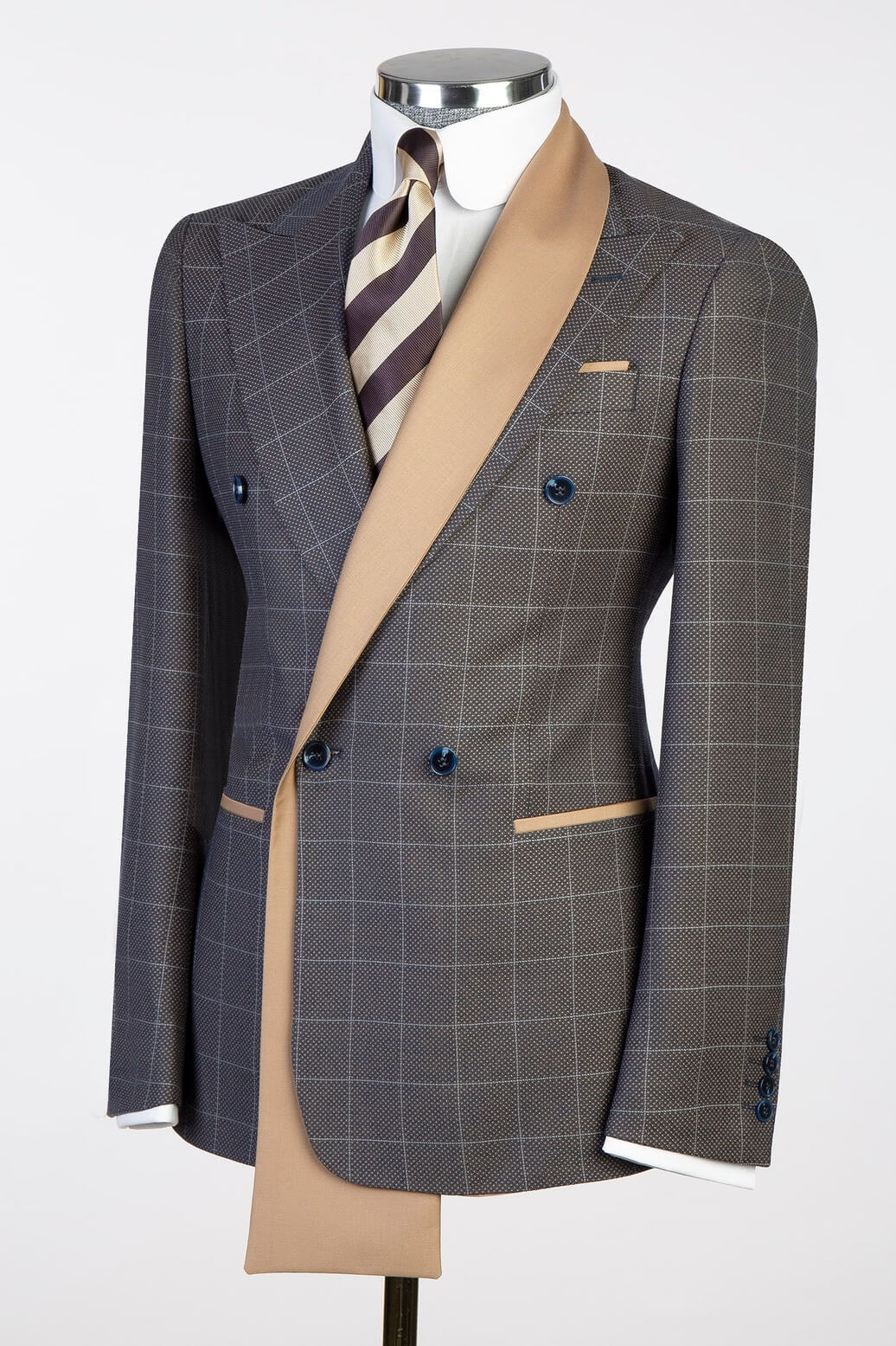 Dark Gray Plaid Business Suit with Double-Breasted Satin Lapel