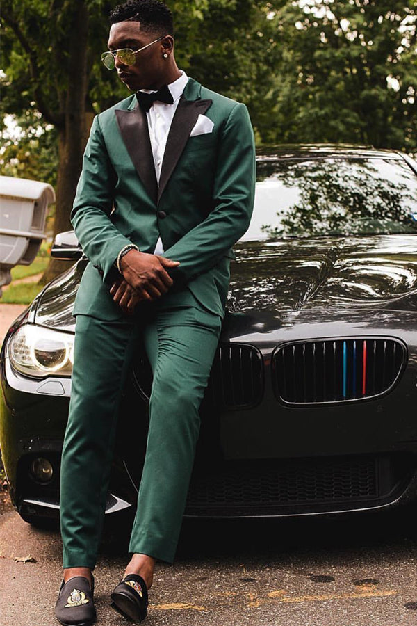 Dark Green One-Button Prom Suit with Black Peaked Lapel