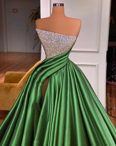Fabulous Long A-line Strapless Satin Sleeveless Formal Prom Dress with Slit-showprettydress
