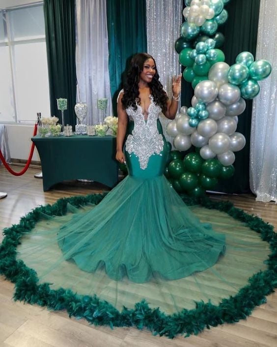 Fabulous Long Mermaid V-neck Sleeveless Tulle Beading Evening Prom Dresses-showprettydress