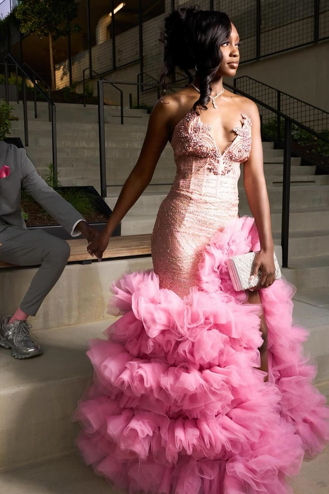 Fashion Pink Sweetheart Tiered Side Slit Appliques Prom Dress-showprettydress