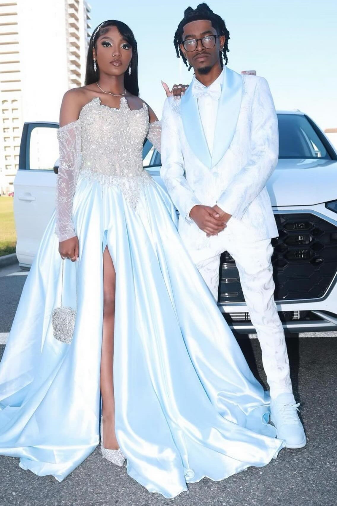 Fashion White Off Shoulder A-Line Side Slit Lace Prom Dress-showprettydress