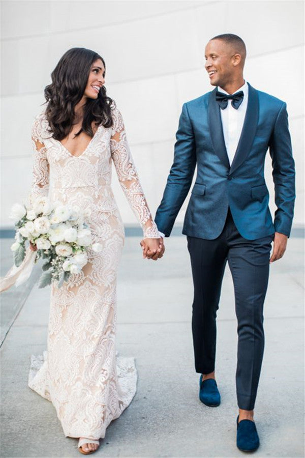 Fashionable Shawl Lapel Dark Green Groom Tuxedos Bespoke Fit Best Man Suit  Wedding Mens Suit Showprettydress