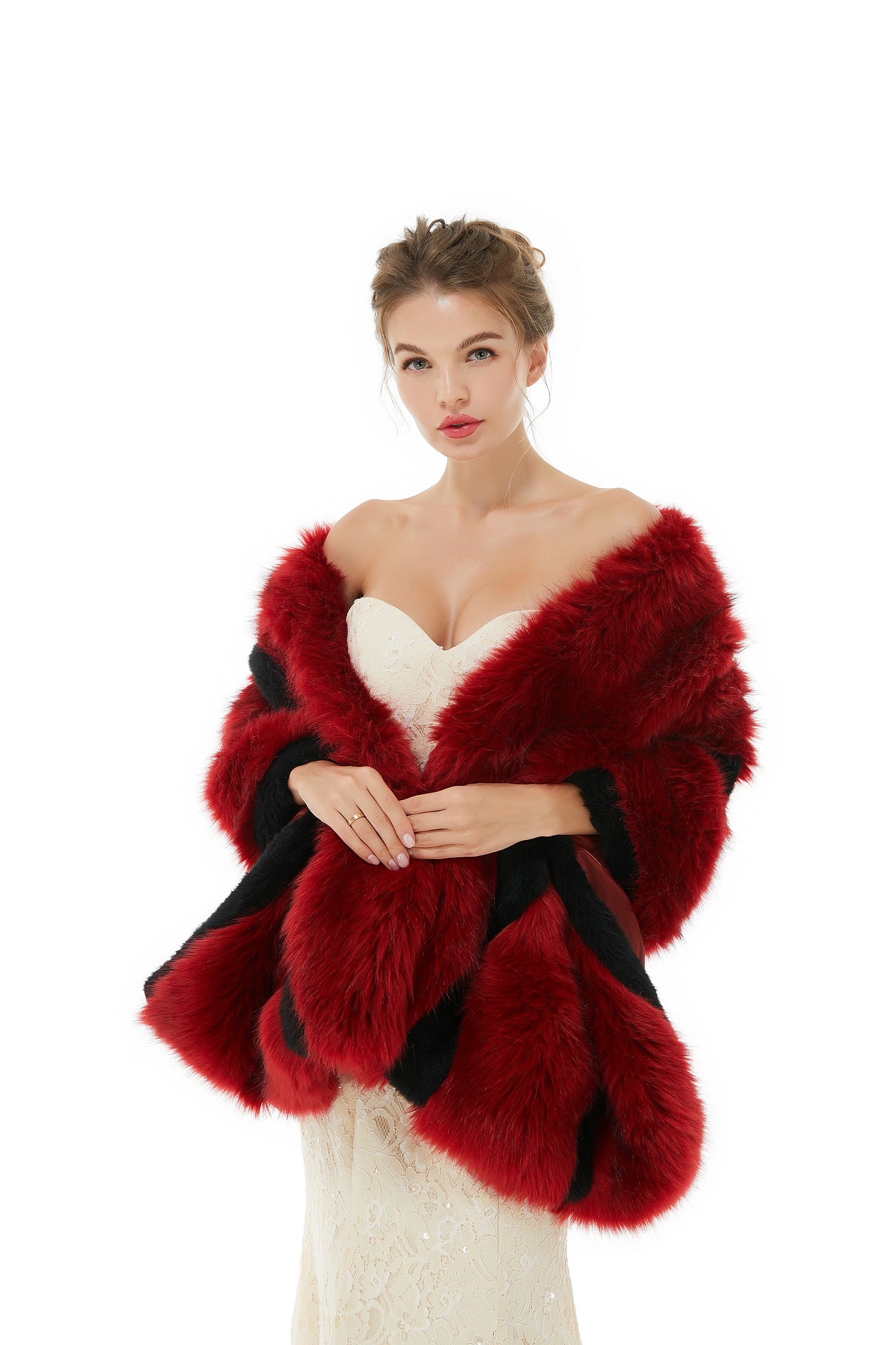 Faux Fur Burgundy Wedding Shawl Fluffy Bridal Wrap Shrug-showprettydress
