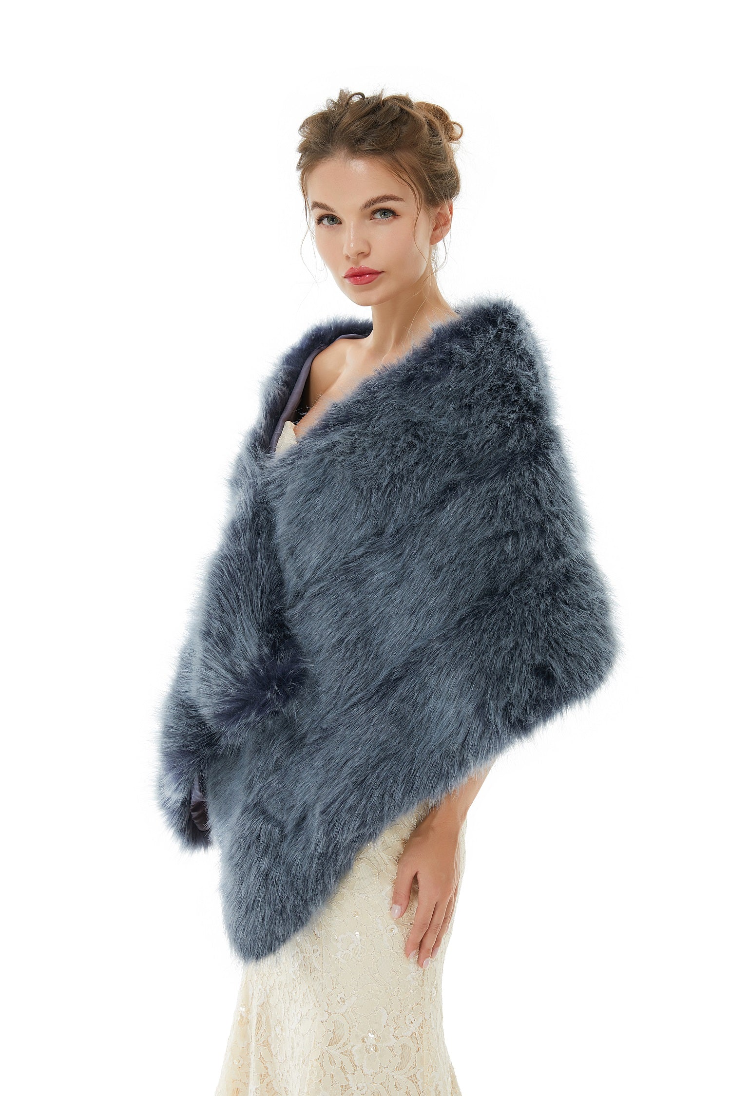 Faux Fur Jacket Women Navy Winter Wrap Shawl Poncho Cape Coat-showprettydress