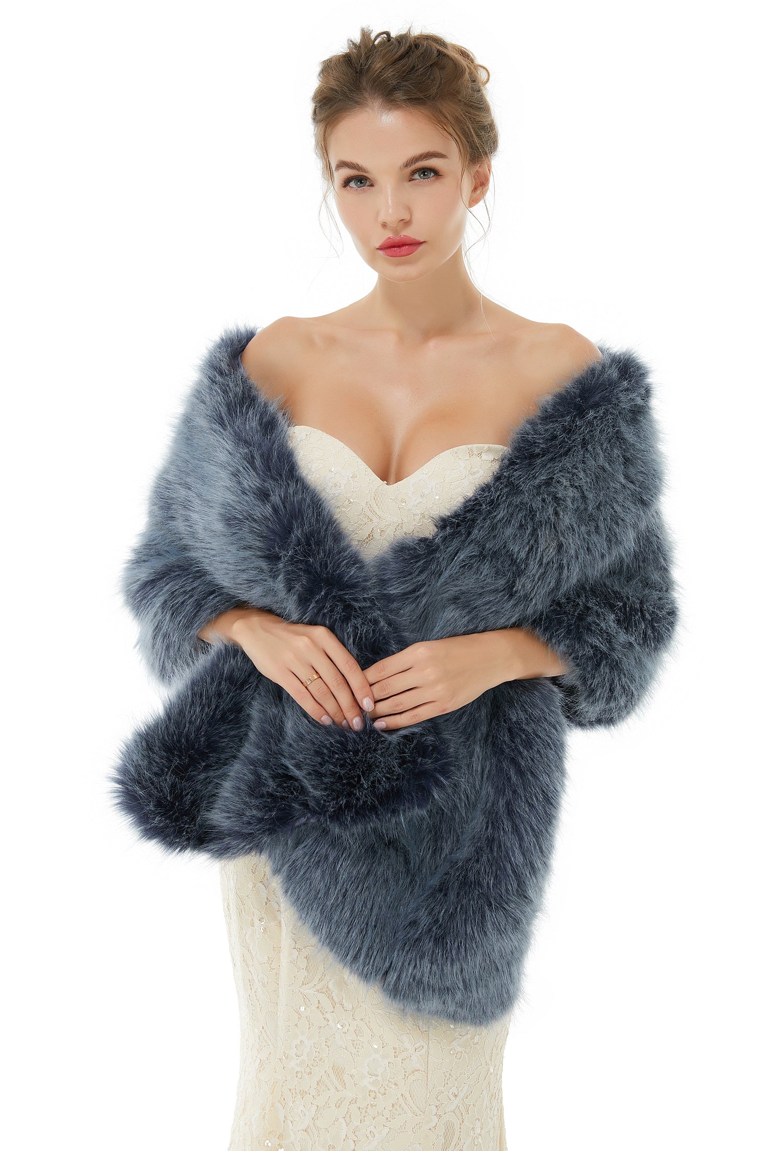 Faux Fur Jacket Women Navy Winter Wrap Shawl Poncho Cape Coat-showprettydress
