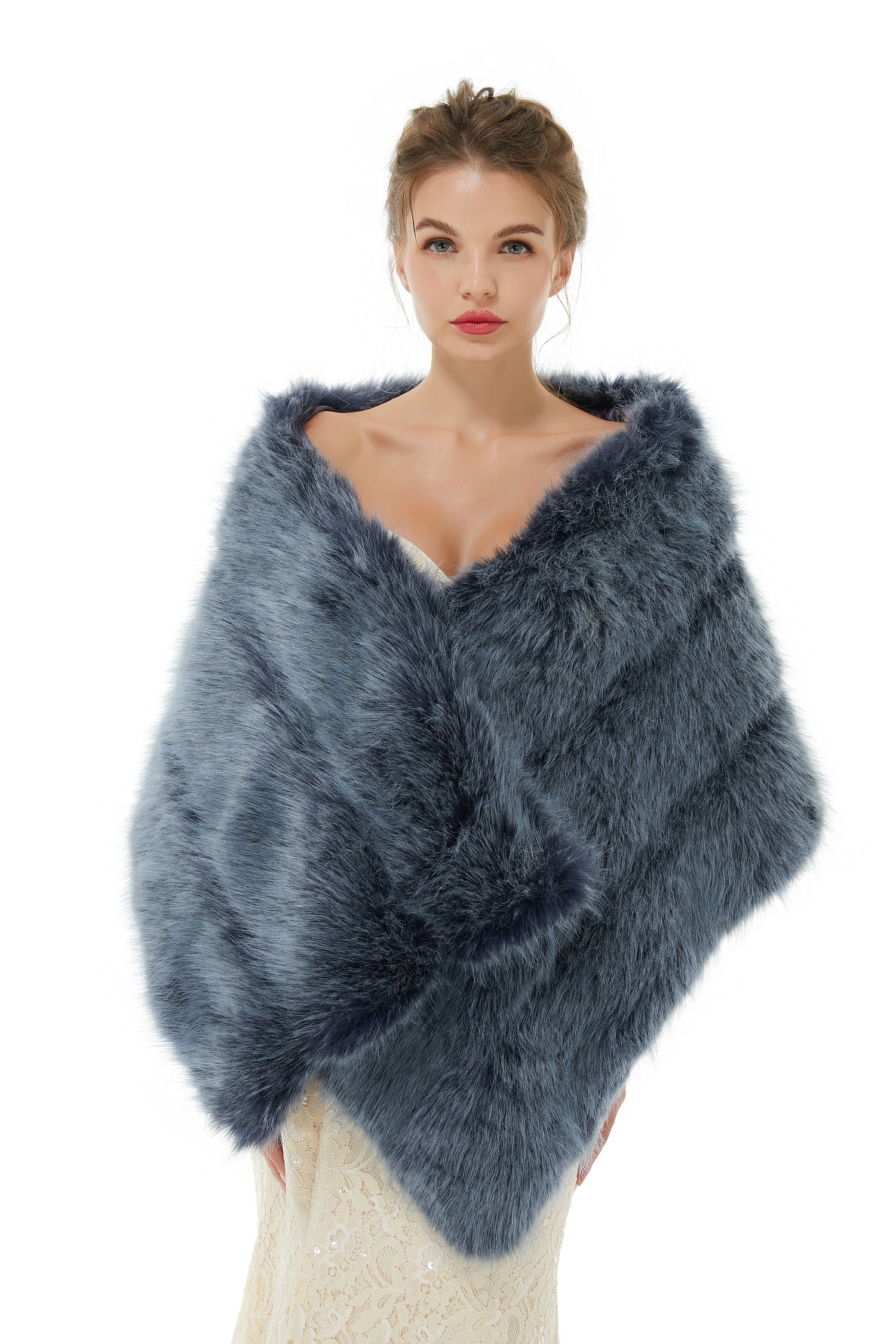 Faux Fur Jacket Women Navy Winter Wrap Shawl Poncho Cape Coat