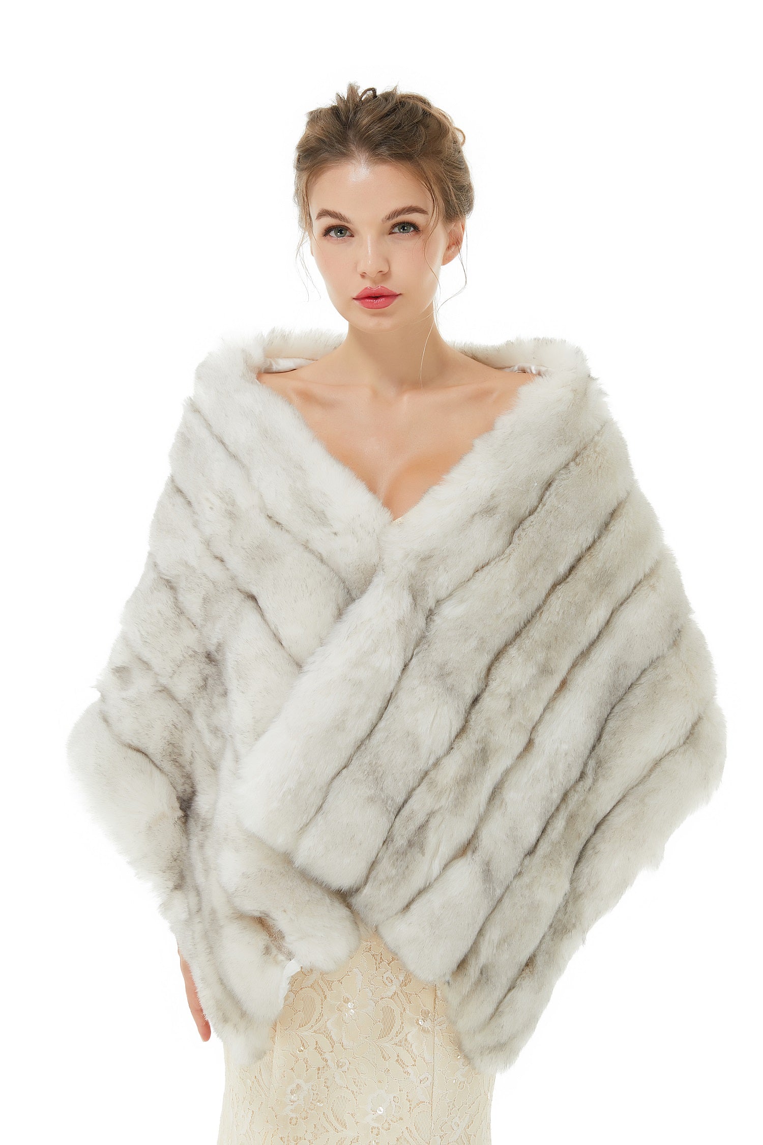 Faux Fur Shawl Gray Women's Winter Poncho-showprettydress