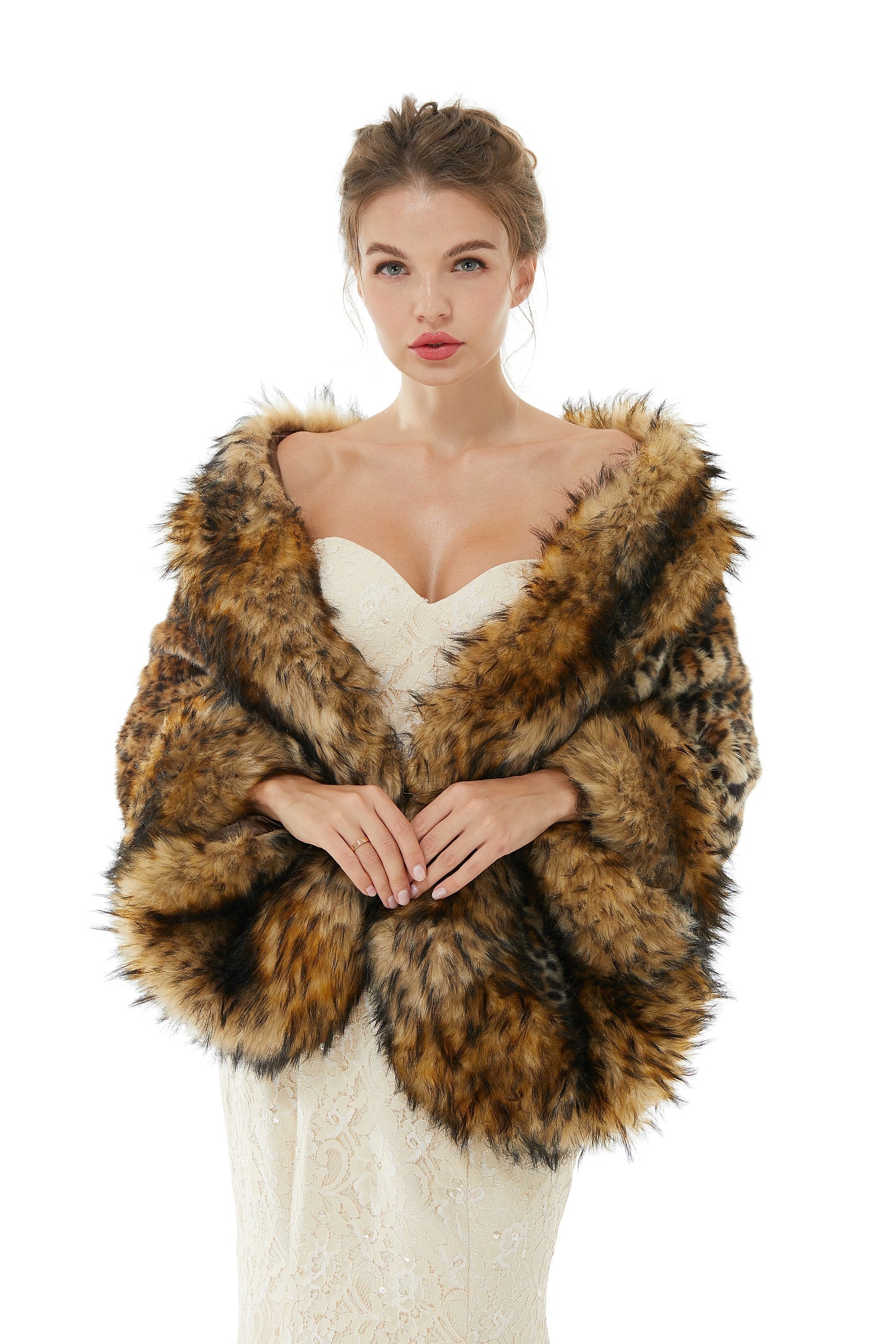 Faux Fur Stole Wedding Angora Bridal Leopard Winter Wrap-showprettydress