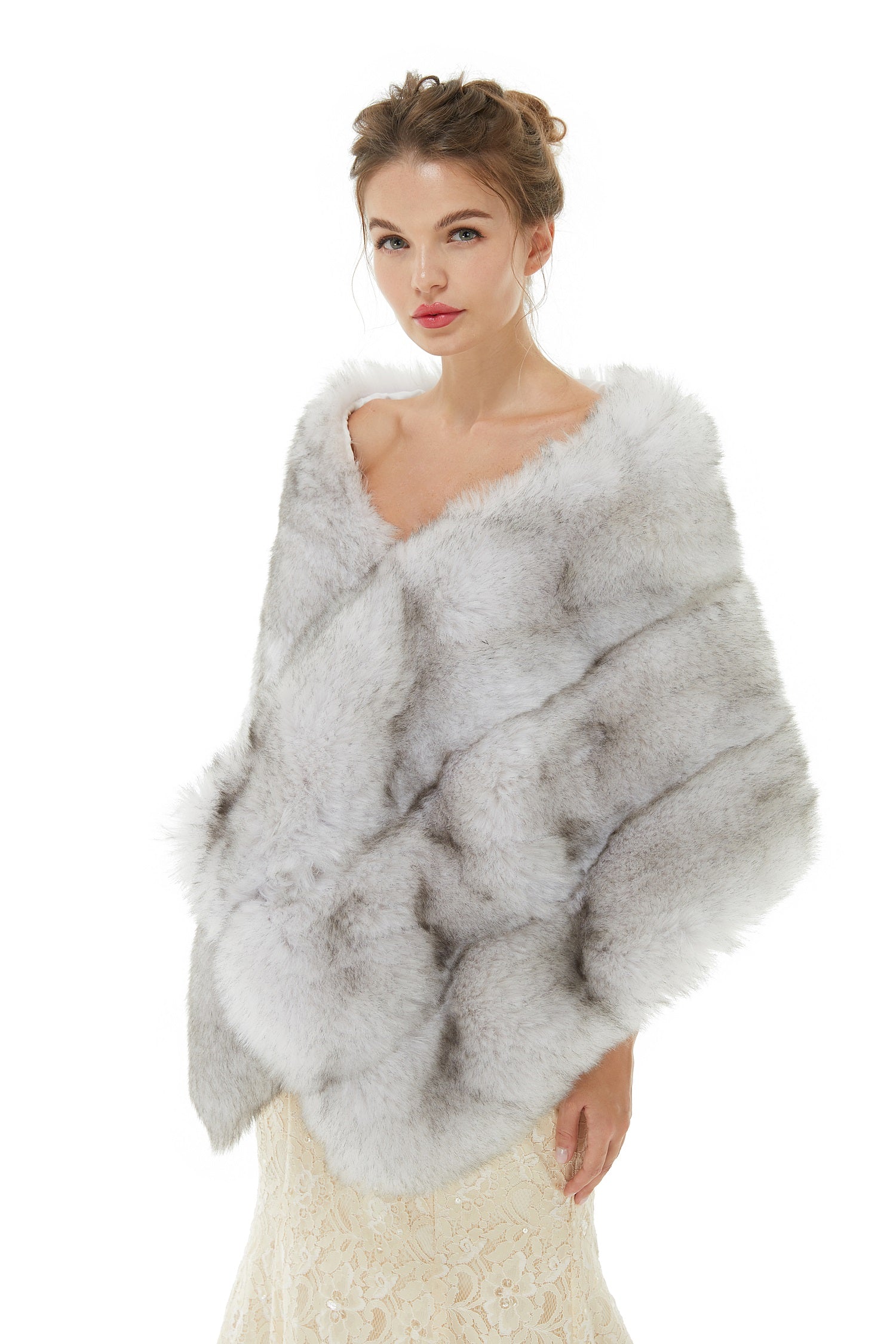 Faux Fur Wedding Shawl Light Gray Fluffy Bridal Wrap Shrug-showprettydress