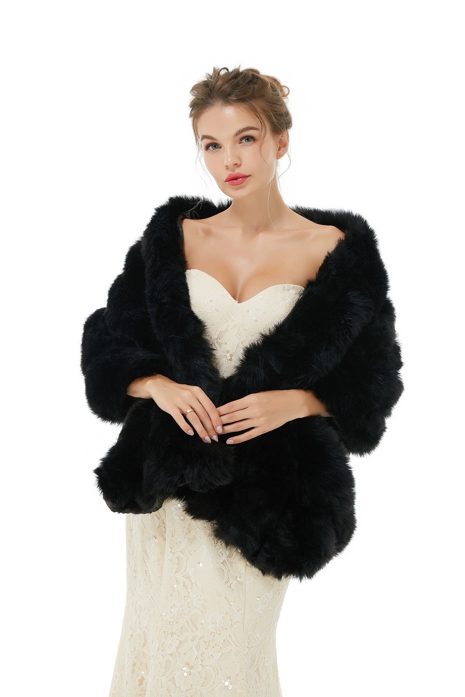 Faux Fur Wrap Black Women Faux Fur Shawl Wedding Wraps-showprettydress